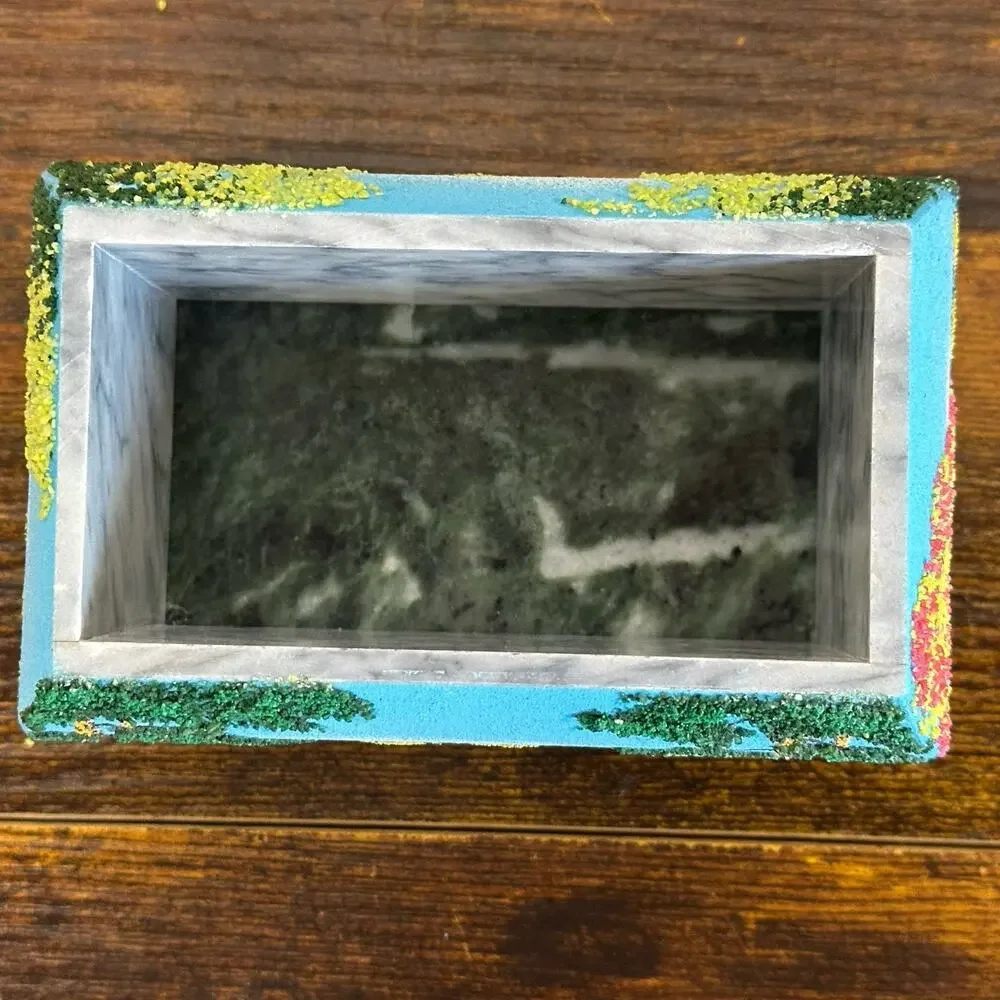 Vintage Russian Hand Painted 3D Coralene Trees Marble Footed Trinket Box Decor